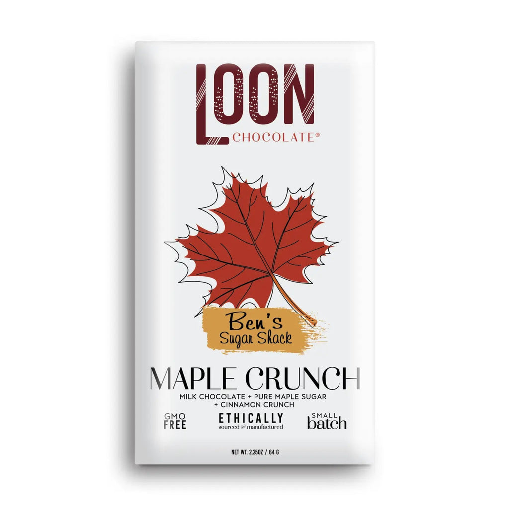 The front of a wrapped Milk Chocolate Maple Crunch bar from Loon Chocolate against a white background