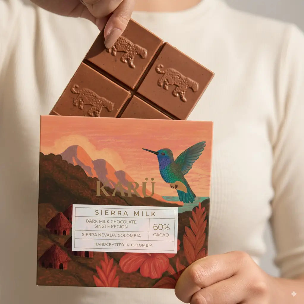 Person holding a box of Karu Sierra Milk chocolate with a colorful design and 'Karu' branding.