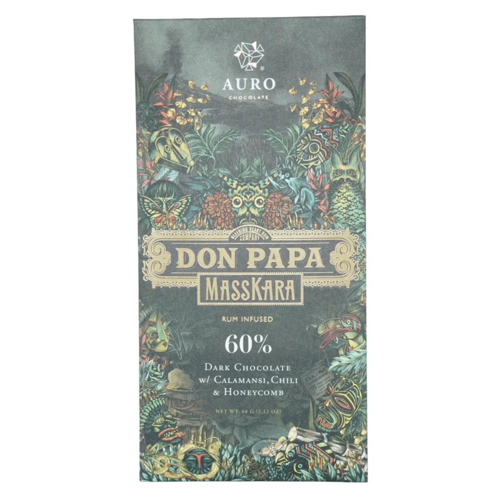 Don Papa Masskara rum-infused chocolate bar packaging with Auro Chocolate branding on a white background