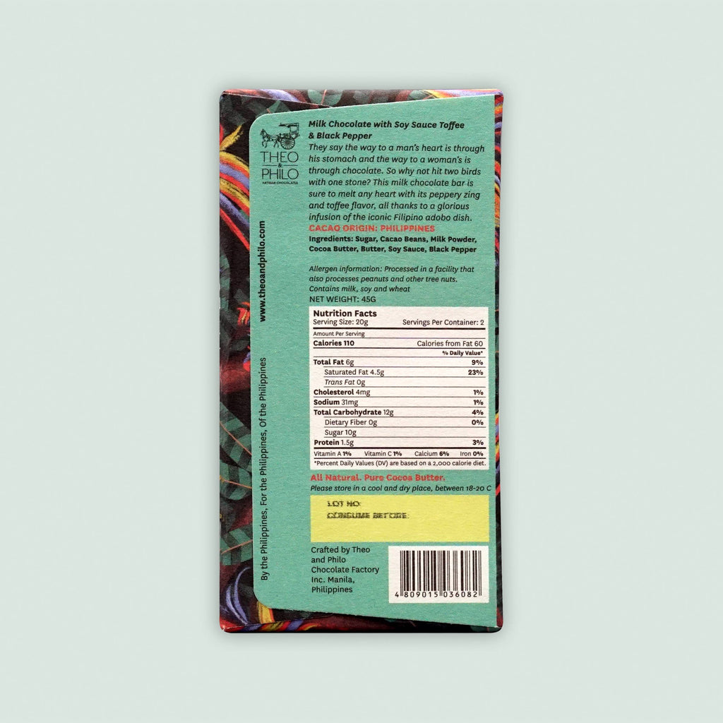 Nutrition facts and ingredients for Milk Chocolate Adobo against a slightly tinted background