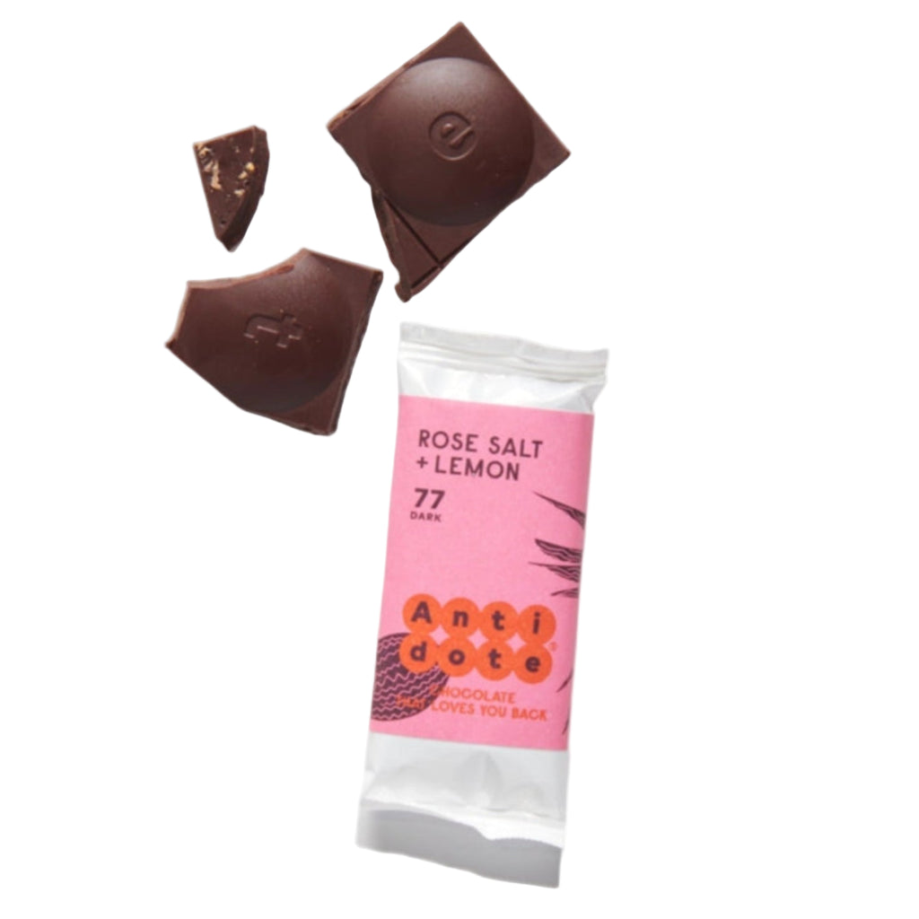 Mini Hebe: Rose Salt + Lemon 77% mini bar packaging against a white background