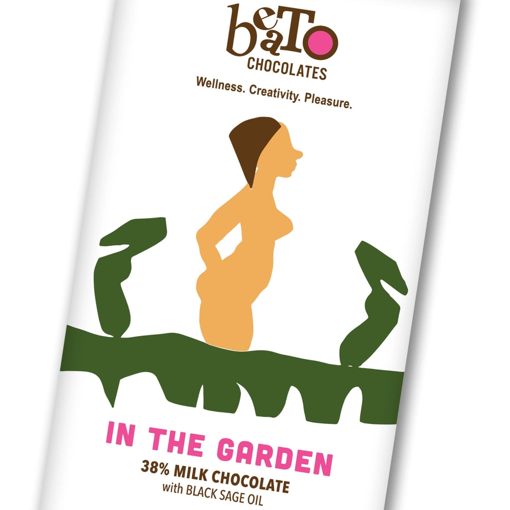 Beto Chocolates In the garden bar packaging with a stylized illustration of a woman and text on a white background