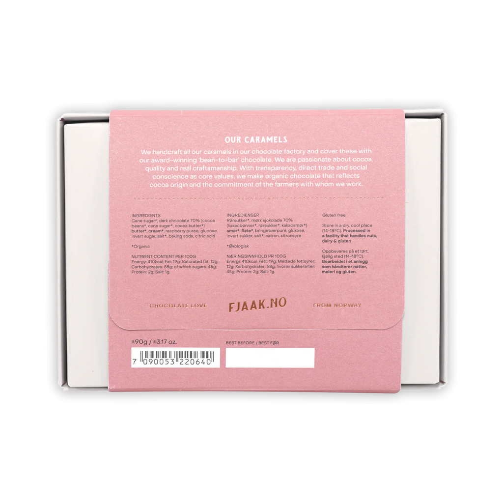 Nutrition facts and ingredients for Chocolate Coated Raspberry Caramels (6 Pcs) from Fjåk