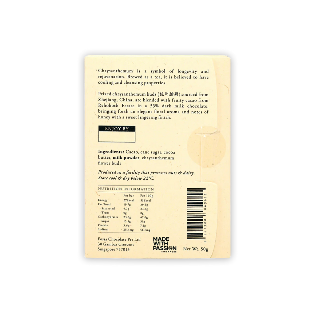 Nutrition facts and ingredients for Chrysanthemum Dark Milk Tea 53% from Fossa Chocolate