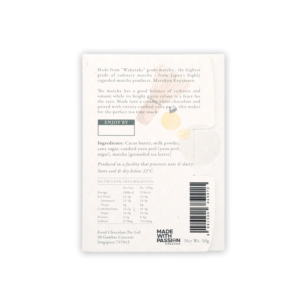 Nutrition facts and ingredients for White Chocolate Matcha & Yuzu from Fossa Chocolate