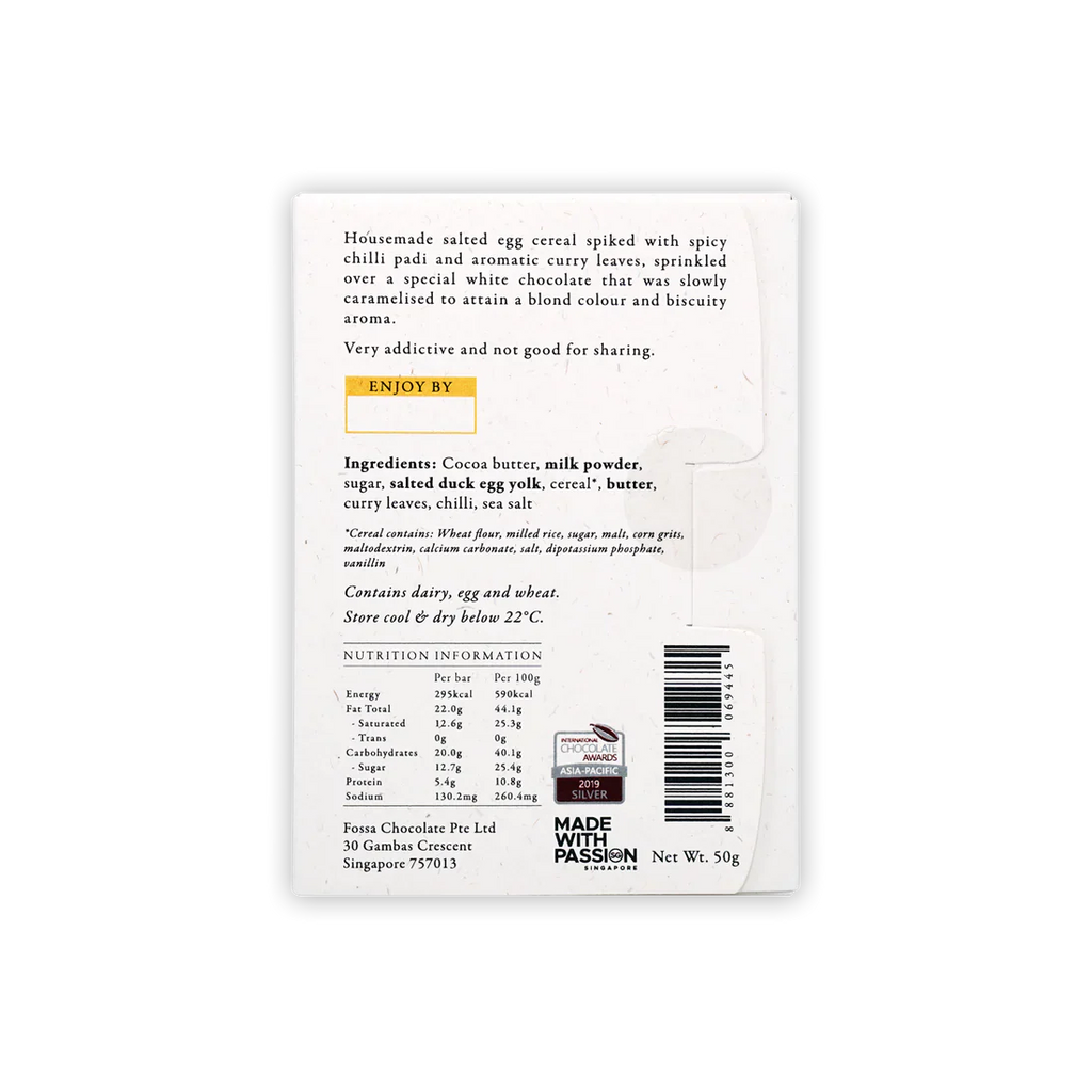 The back of a wrapped Salted Egg Cereal Blond Chocolate bar from Fossa Chocolate