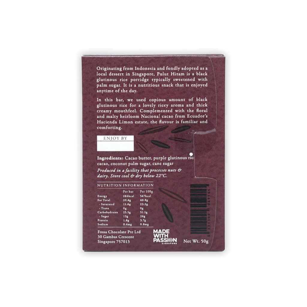 Nutrition facts and ingredients for Pulut Hitam 44% from Fossa Chocolate