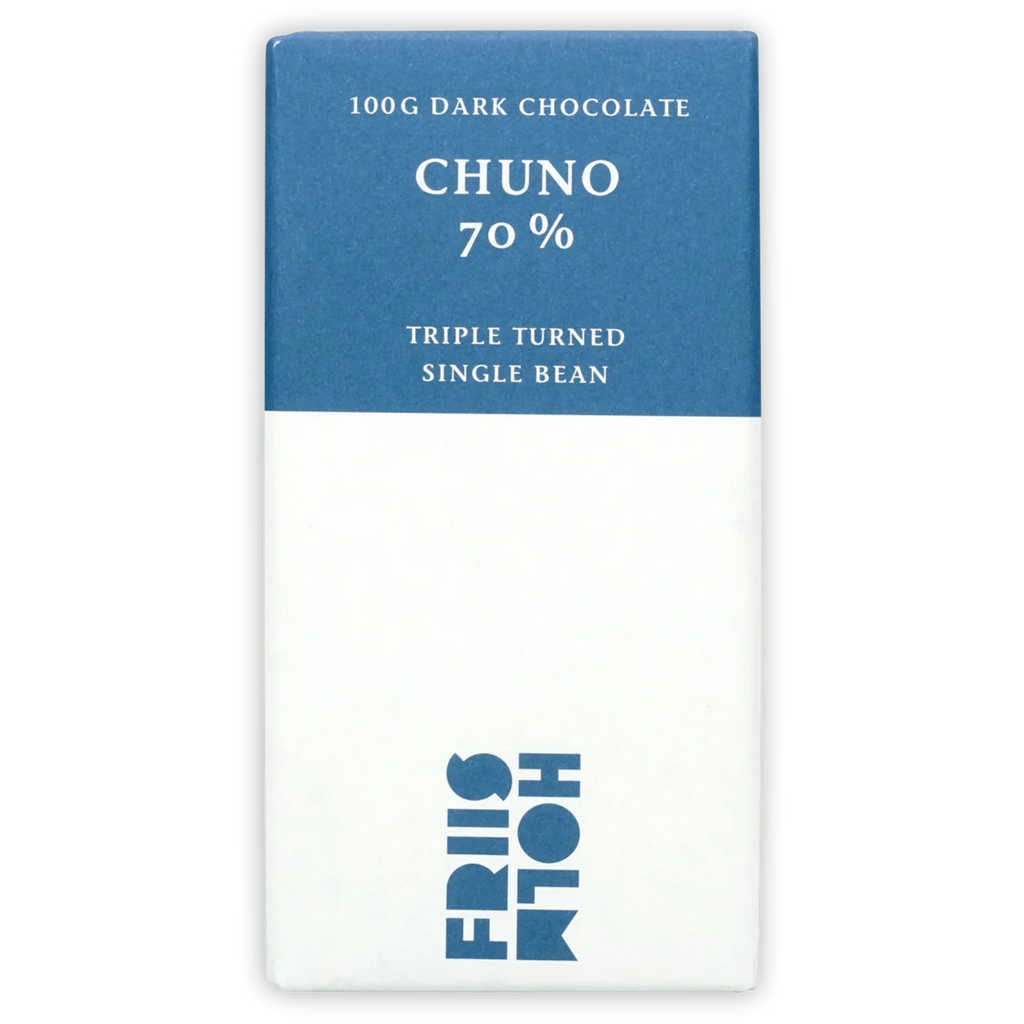 The front of a wrapped Dark Chuno Triple Turned, Nicaragua 70% bar from Friis Holm 