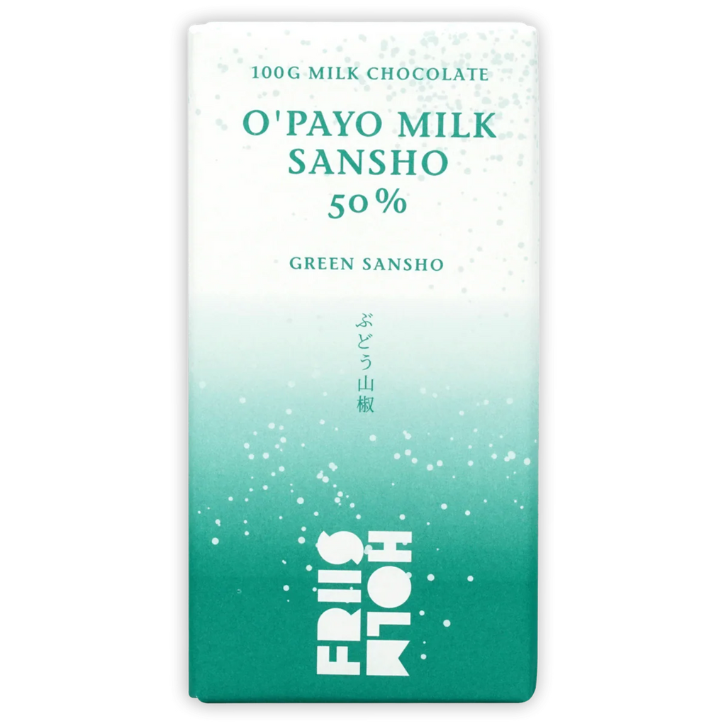 The front of a wrapped O'Payo Milk 50% bar from Friis Holm 