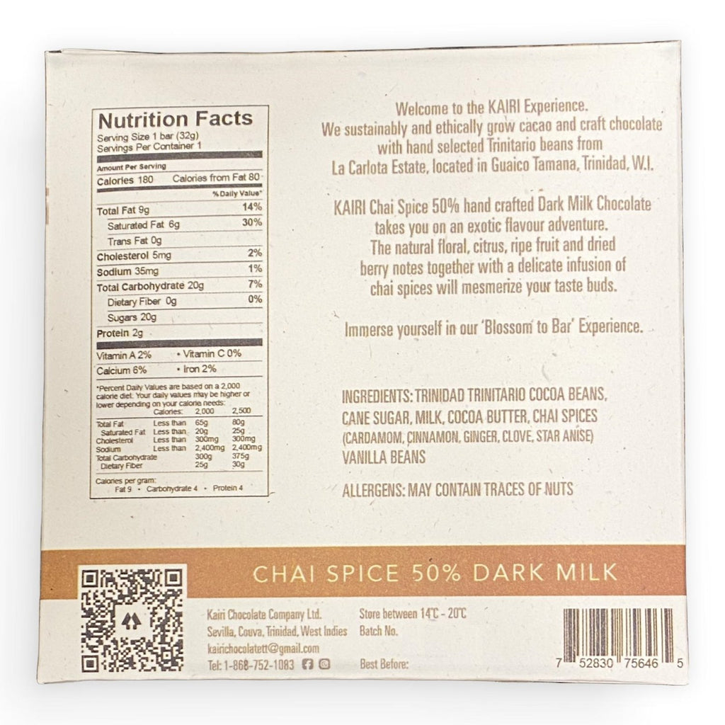 Nutrition facts for Chai Spice 50% Dark Milk bar from Kairi against a white background