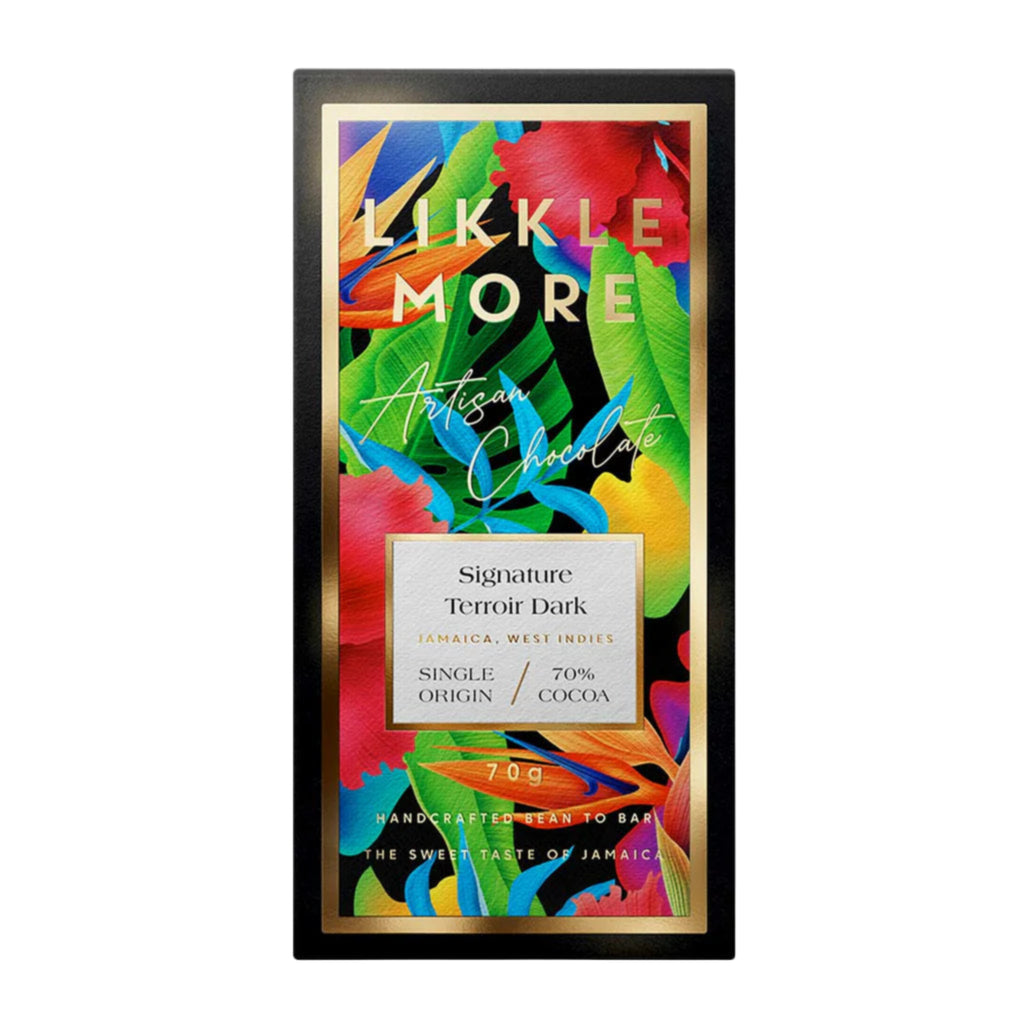 Likkle More Signature Terroir Dark Artisan Chocolate packaging with colorful design on a white background