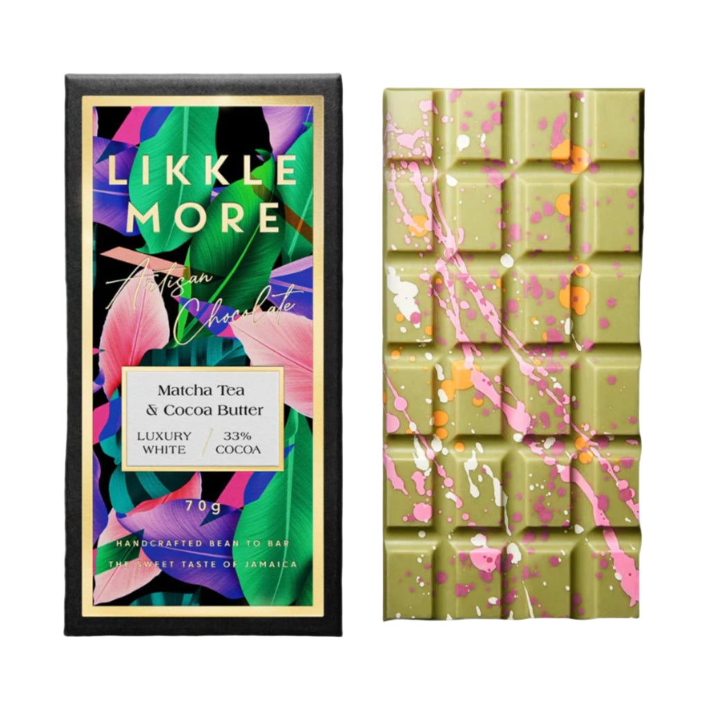 Likkle More chocolate bar with colorful packaging on a white background
