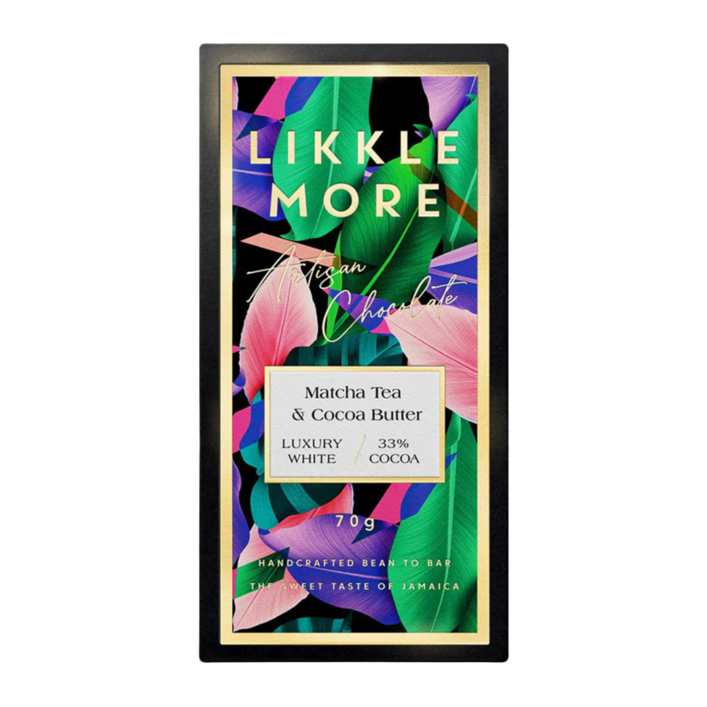 Likkle More White Chocolate Green Matcha Bar  packaging against a white background