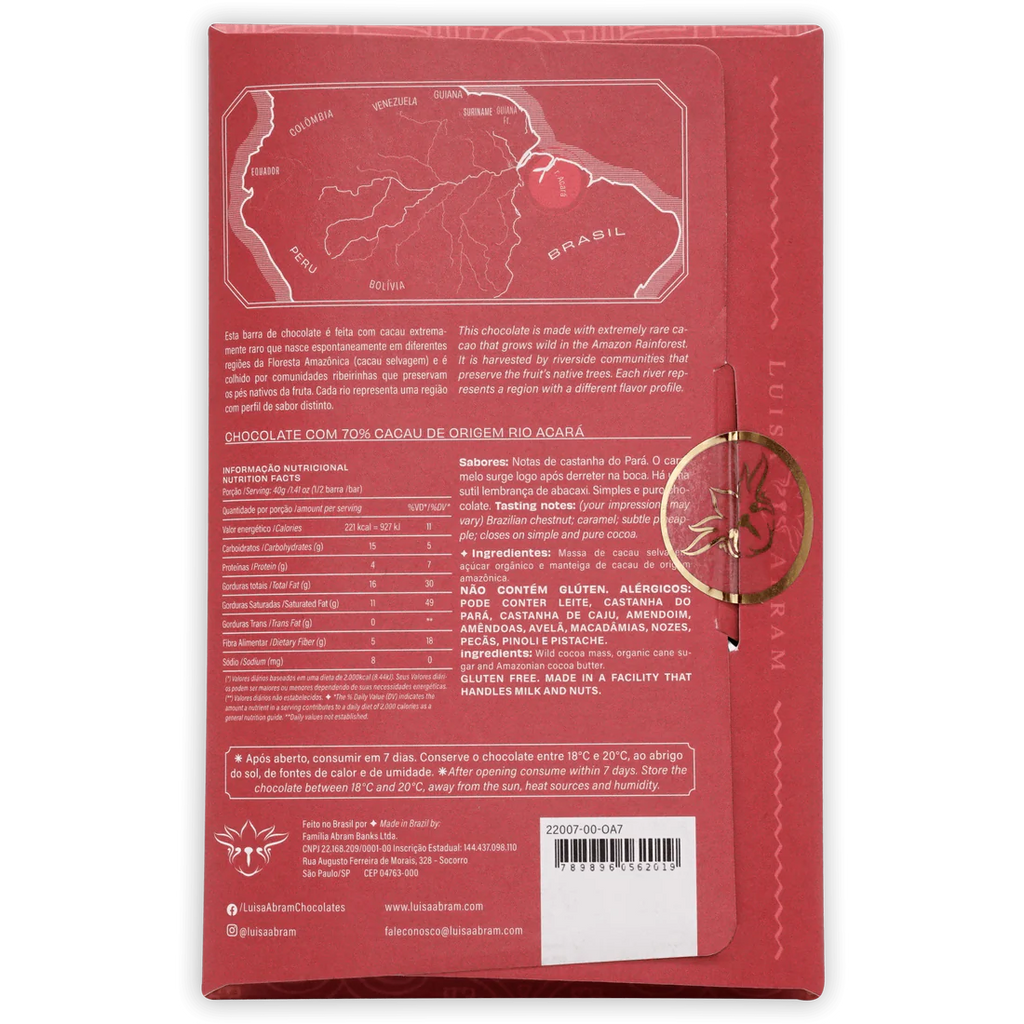 Nutrition facts and ingredients for Rio Acará Wild Cacao 70% from Luisa Abram