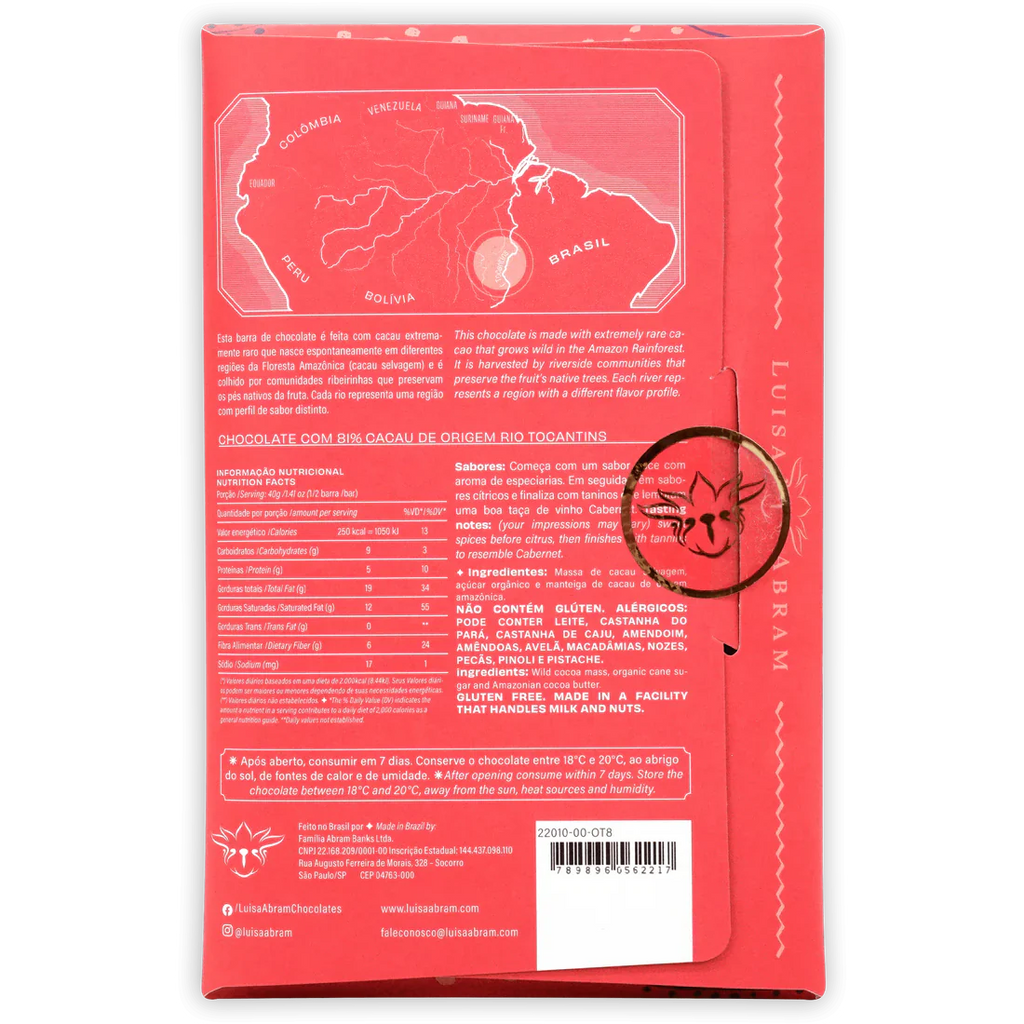The back of a wrapped Rio Tocantins Wild Cacao 81% bar from Luisa Abram