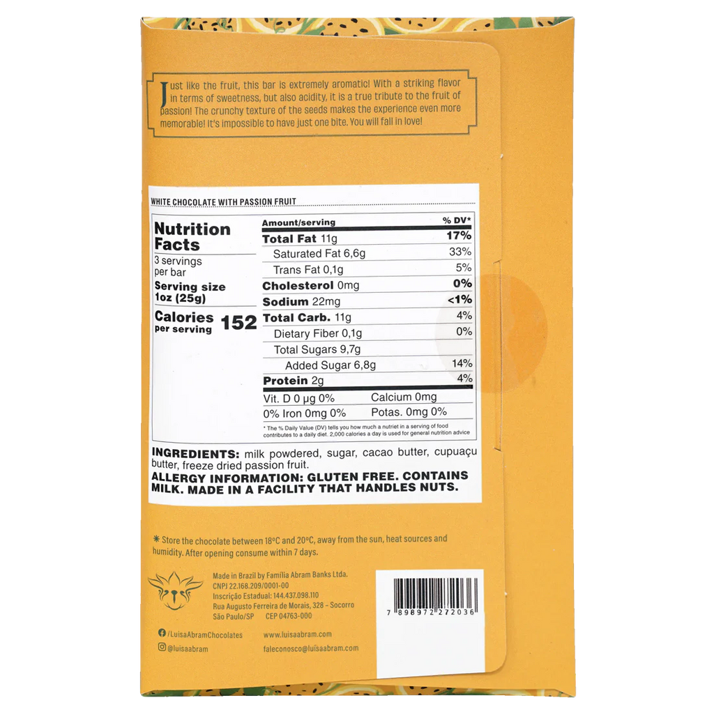 Nutrition facts and ingredients for White Chocolate w/ Passion Fruit