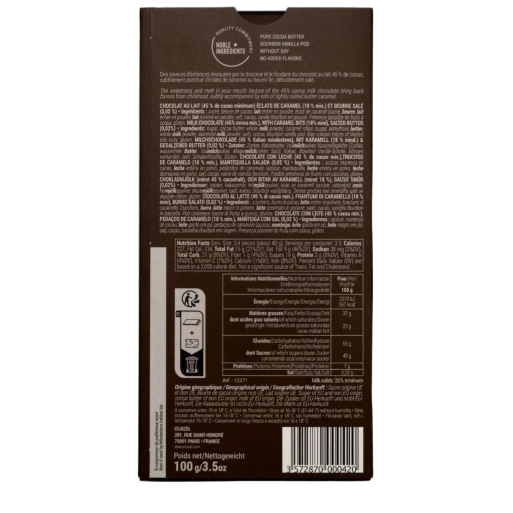 The back of 45% Milk Chocolate Caramel Bar packaging on a white background