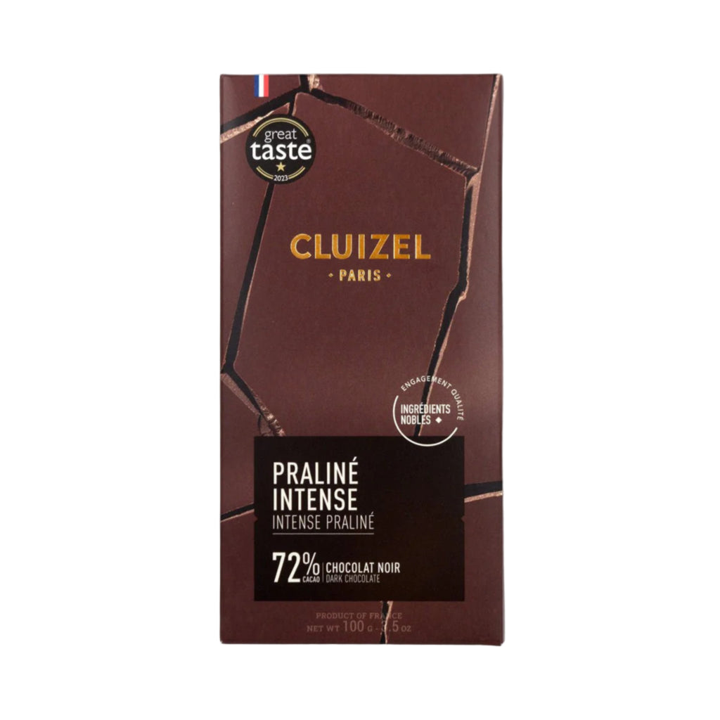 Cluizel Praliné Intense chocolate bar packaging on a white background