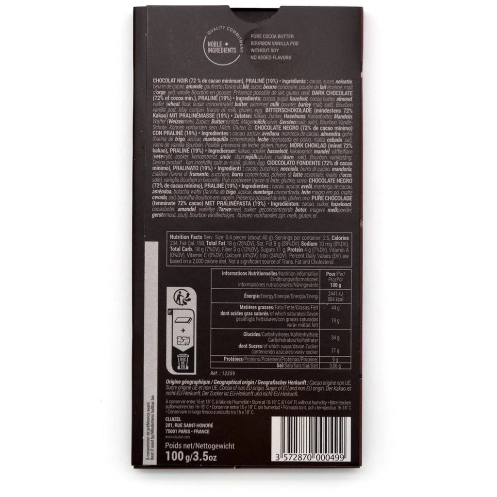 Back view of a chocolate bar packaging with text and bar code on a white background