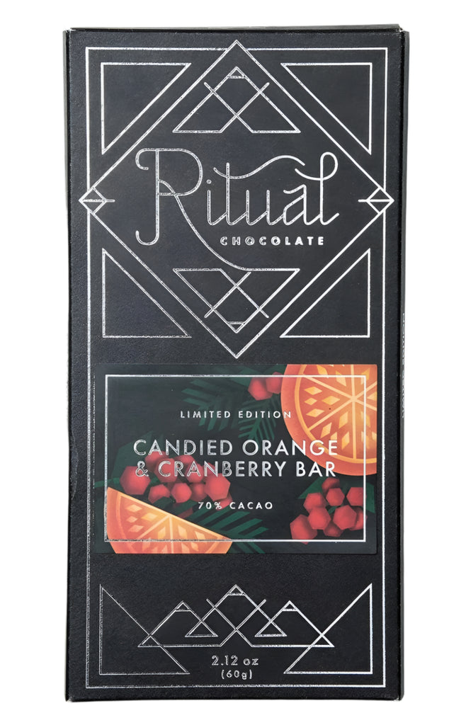 Ritual Orange Cranberry Bar packaging with candied orange and cranberry design on a white  background