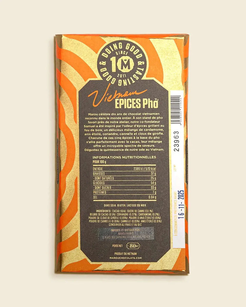 The back of a wrapped Pho Spice 65% bar from Marou Chocolates