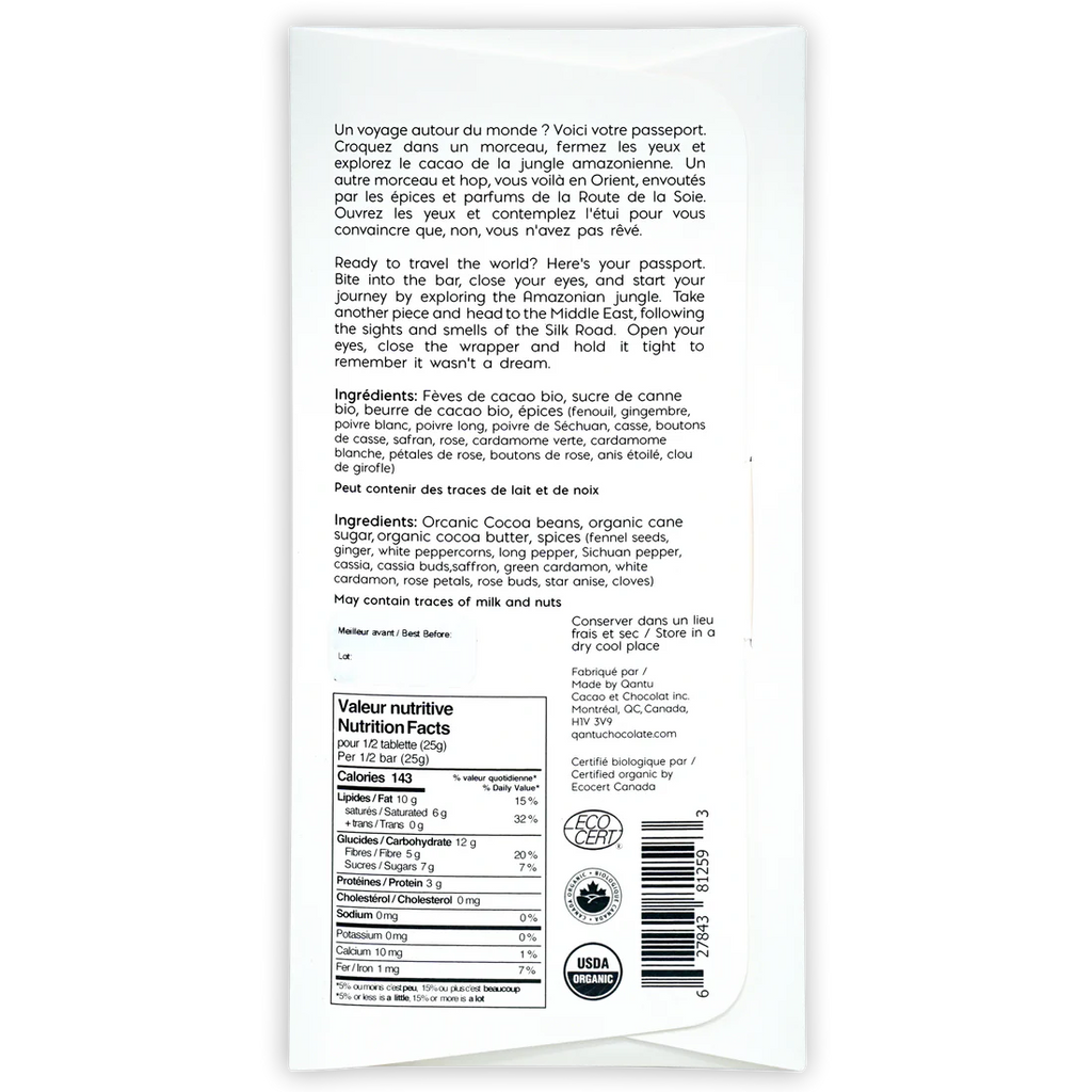 Ingredients and nutrition facts for Silk Road 70%