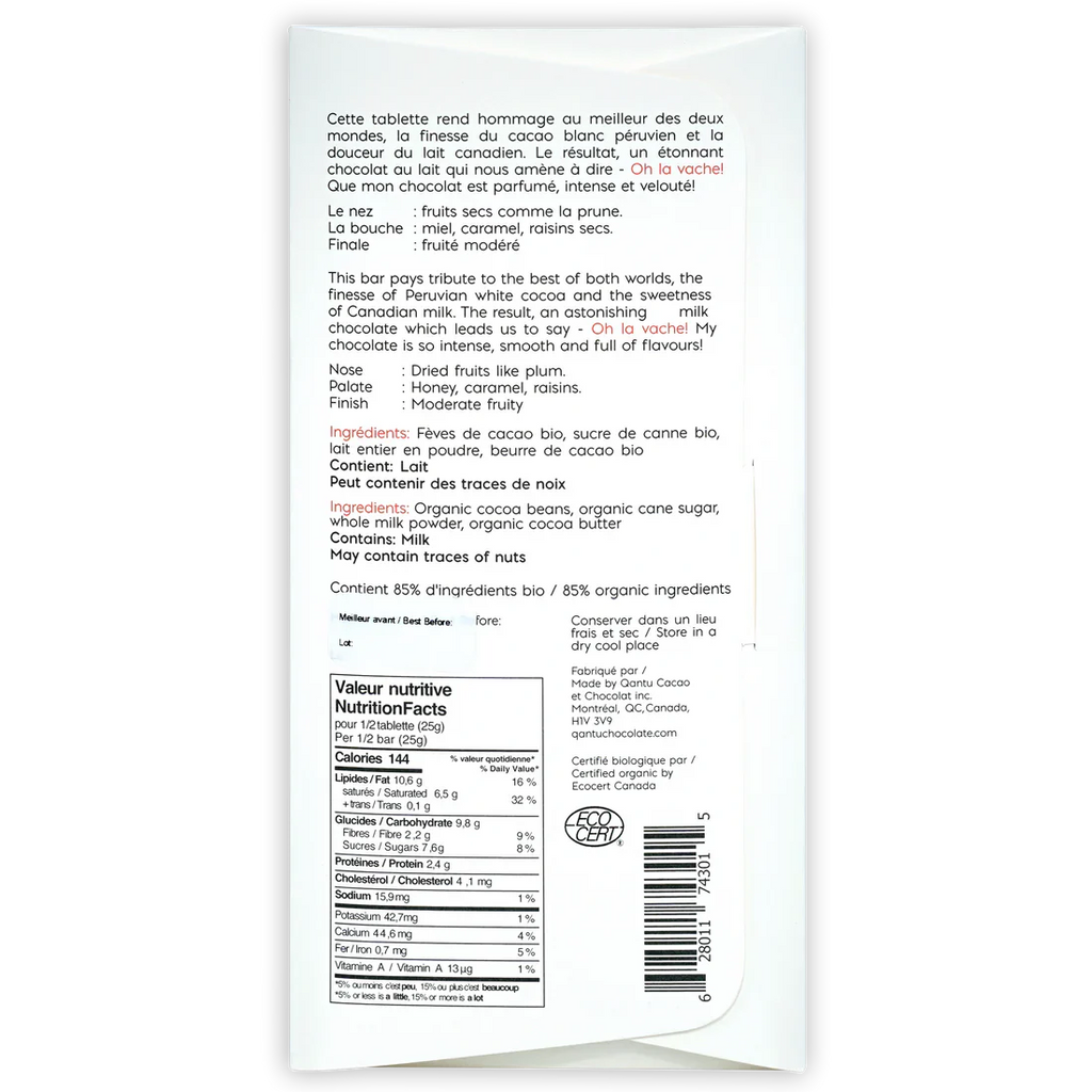 Nutrition facts for Oh La Vache! Dark Milk 60% bar from Qantu Chocolate