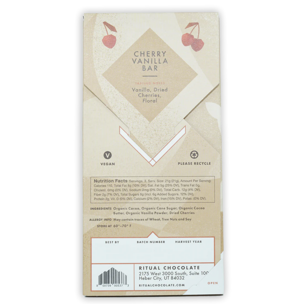 Nutrition facts and ingredients for Cherry Vanilla Dark 70% from Ritual Chocolate