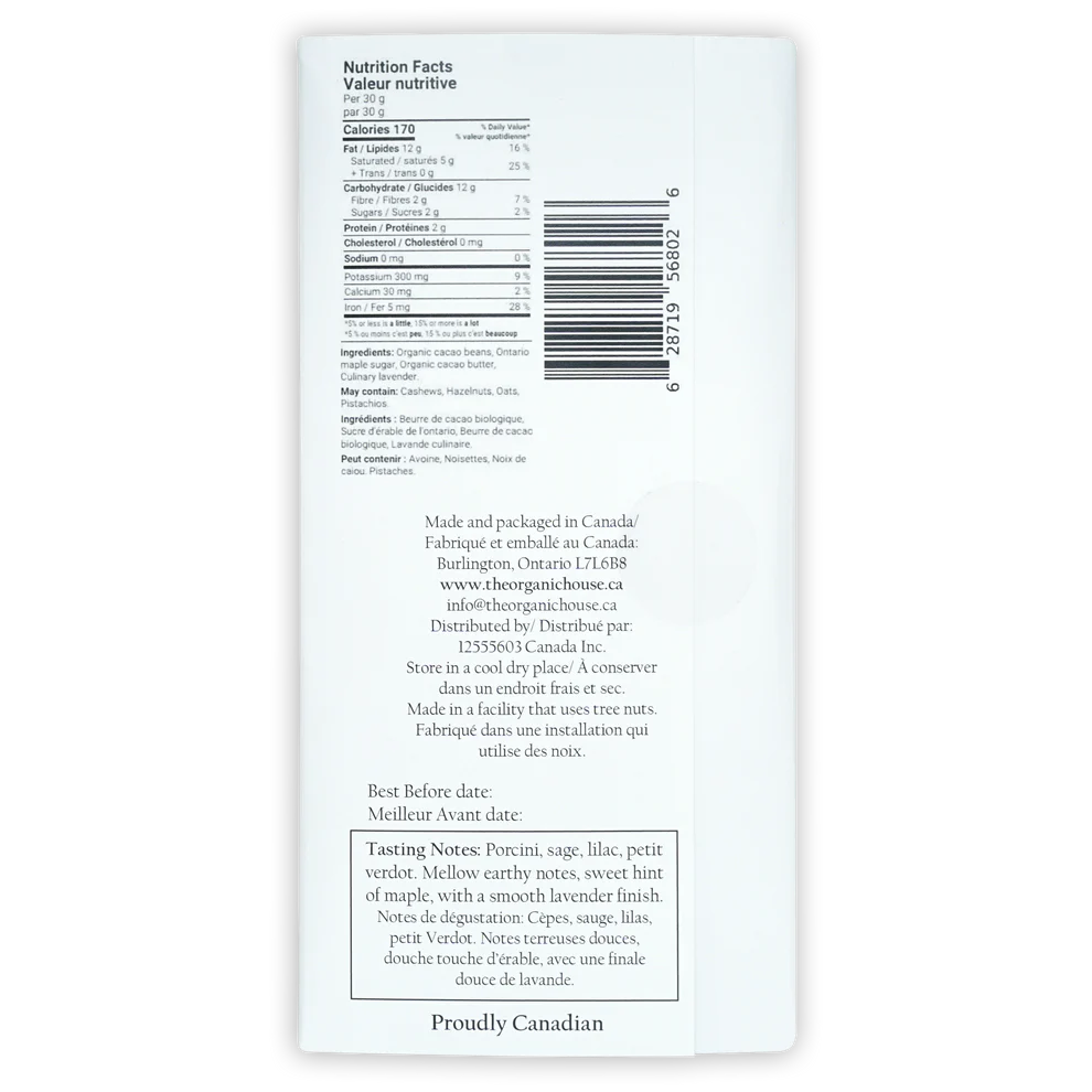 Nutrition facts and ingredients for 70% Dark Lavender Maple bar from The Organic House