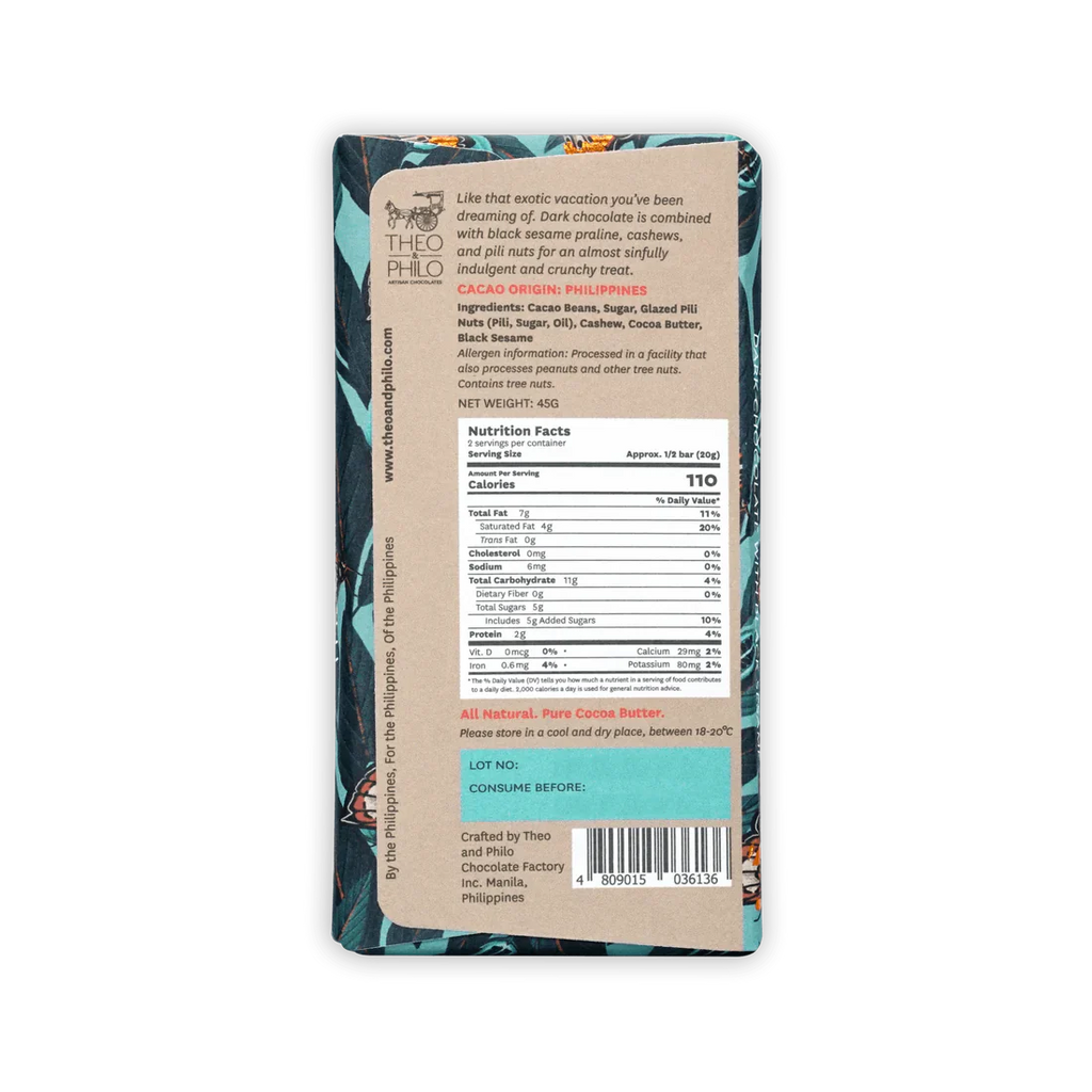 The back of Theo & Philo's wrapped Dark Chocolate w/ Black Sesame Bar.