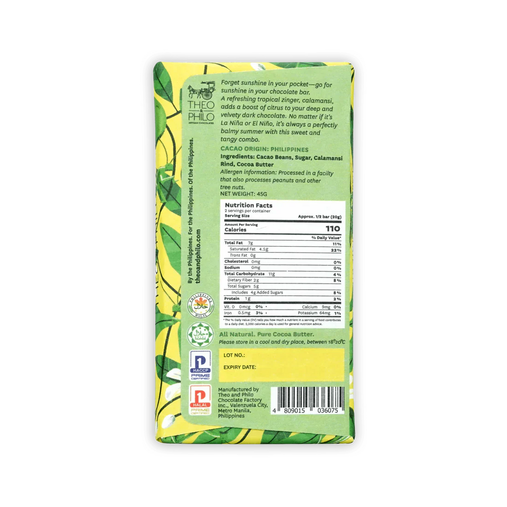 The back of Theo & Philo's wrapped 65%       
Dark Chocolate w/ Calamansi Bar.