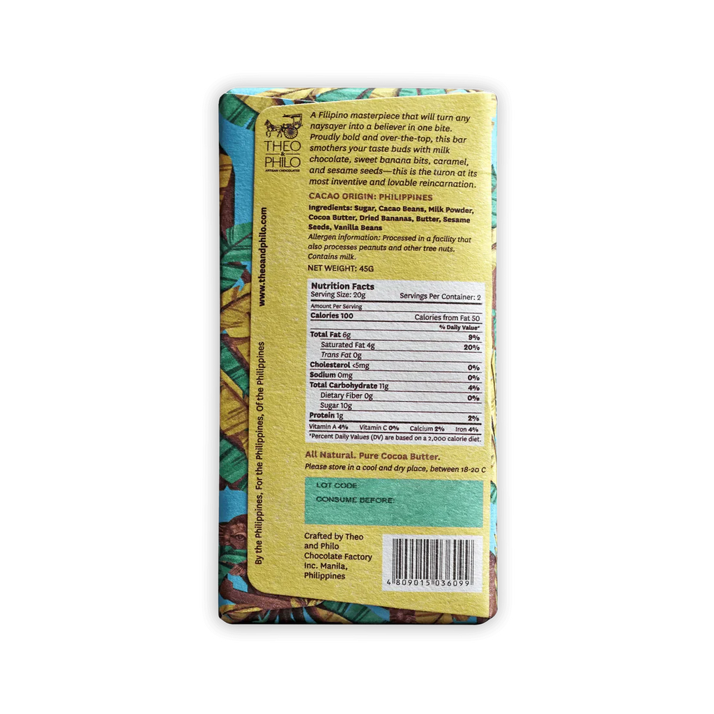 The back of Theo & Philo's wrapped Milk Chocolate Turon 44% Bar.