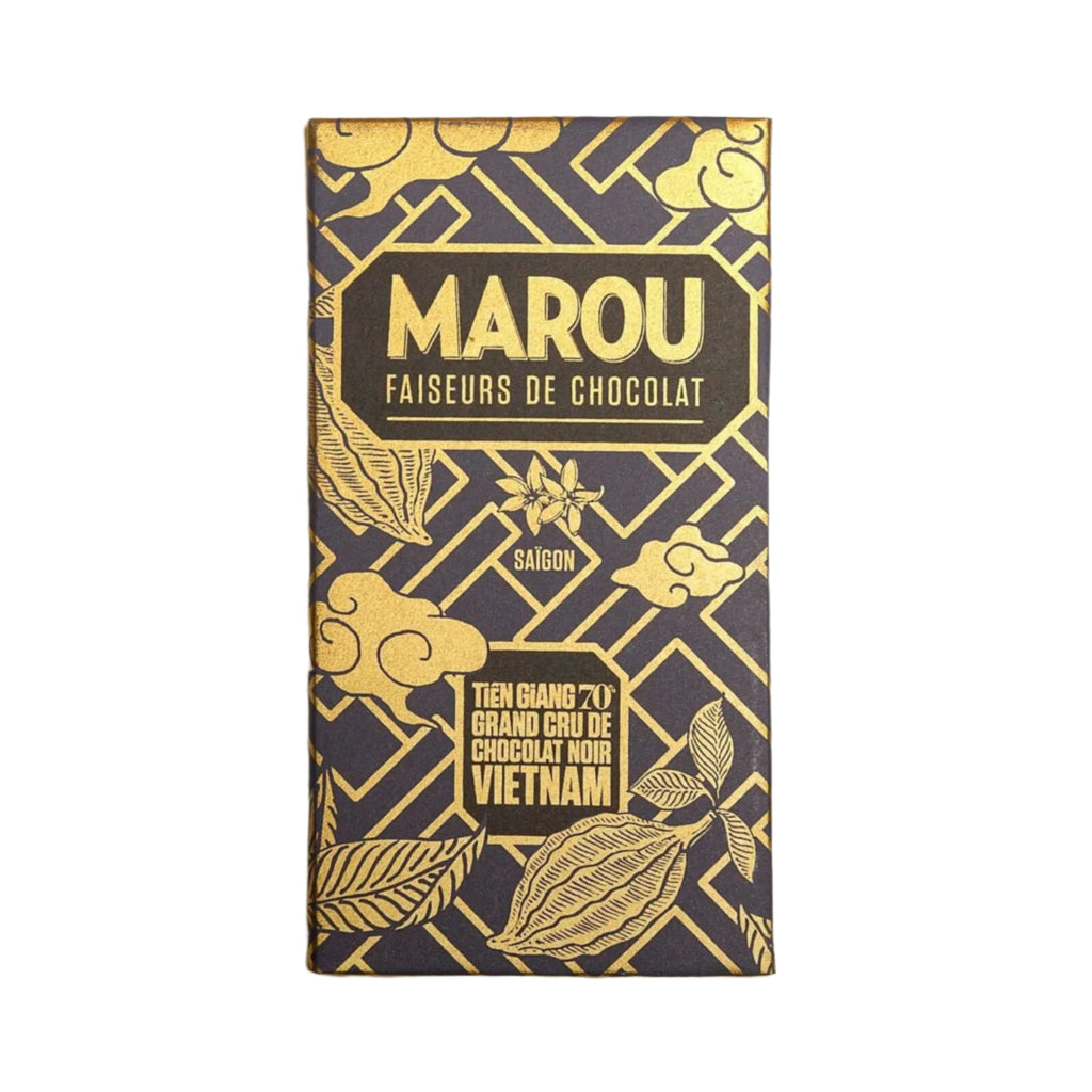 Marou Tien Giang 70%, chocolate bar packaging with gold text and design on a white background