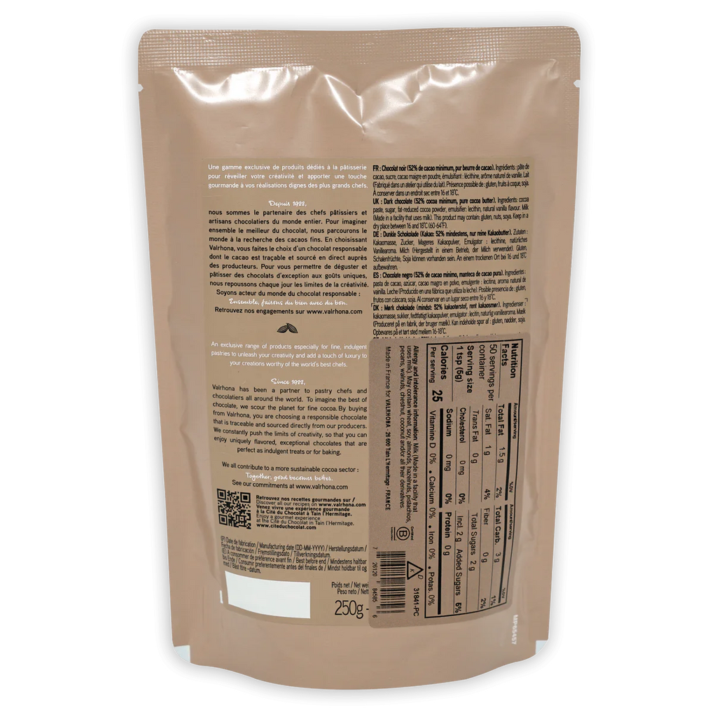 Nutrition facts and ingredients for Dark Chocolate Chips 52%, 250g from Valrhona