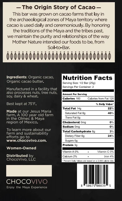 The back of a wrapped ChocoVivo 100% Dark Bar.