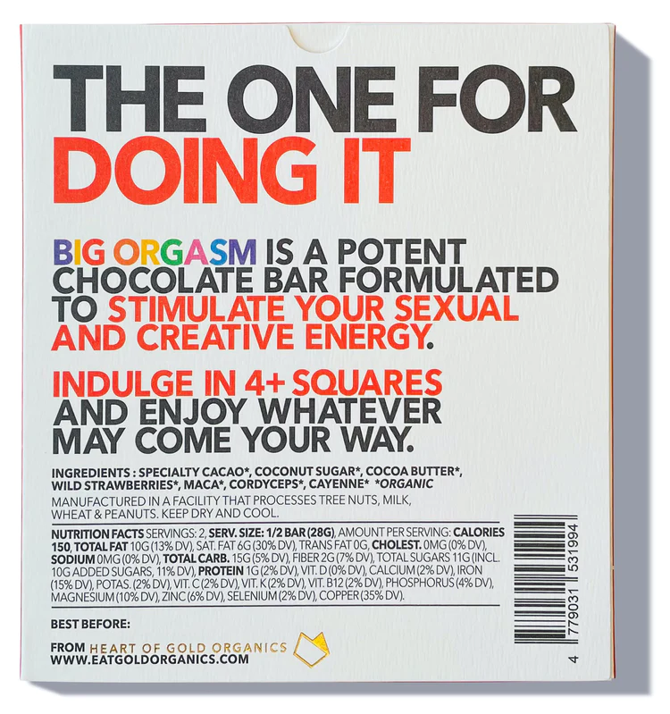 The back of a wrapped Eat Gold Organics Big Orgasm chocolate bar,