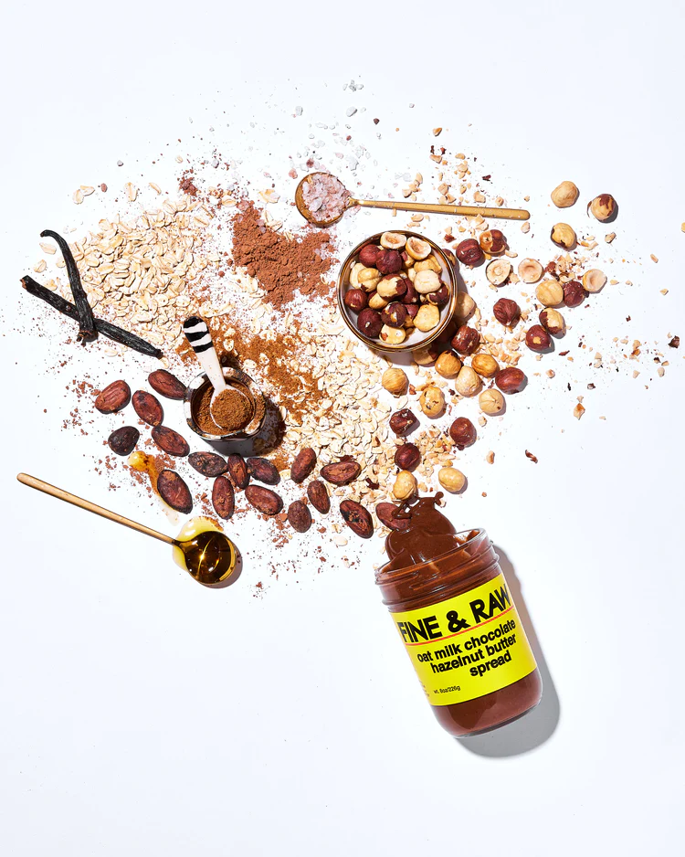 Fine & Raw Oat Milk Chocolate Hazelnut Butter at The Chocolate Dispensary, with its ingredients above it.
