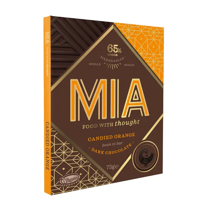 MIA Food with Thought Candied Orange Chocolate Bar, 65%